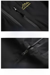 Detail view of waterproof taped zipper pocket and embroidered outdoor jacket logo