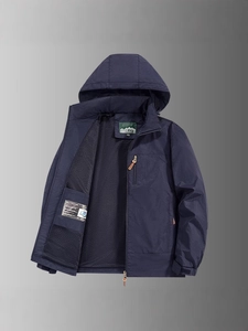 Men's dark blue hooded outdoor windbreaker jacket with adjustable cuffs and chest zipper