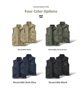 Detail view of four colors of reversible fleece-lined outdoor vests with zipper pockets