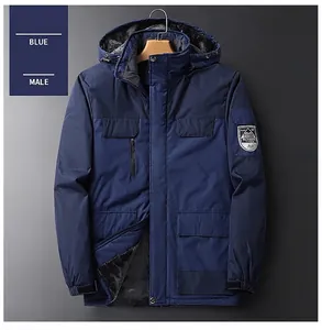 Detail of navy blue windproof jacket for men featuring warm fleece lining and adjustable hood