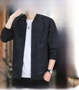 Detail of baseball collar and sleek zipper pocket on men's camo pattern bomber jacket