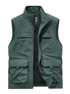 Men's dark green outdoor cargo vest with stand collar and four utility pockets