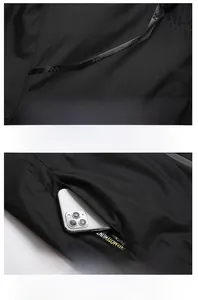 Macro detail of waterproof jacket shoulder print and large pocket with phone storage