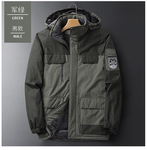 Detail of army green outdoor jacket showing warm fleece lining and tactical chest pockets