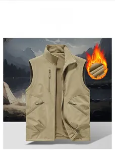 Detail view of khaki outdoor fleece vest featuring a stand collar and secure zip pockets