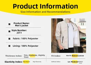 Detailed size chart for beige bomber jacket showing 100% polyester fabric material specs