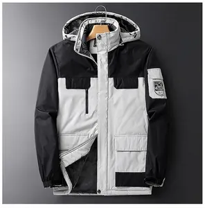 Detail view of winter outdoor jacket with fleece lining and multiple zip pockets