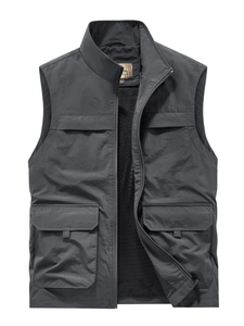 Men's dark gray outdoor utility vest with multi-pockets and breathable mesh lining