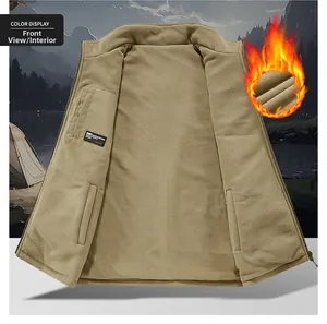 Detail view of khaki fleece lining on reversible outdoor vest with zipper inner pocket