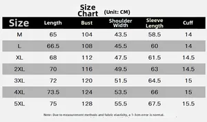 Size chart for men's casual jacket showing measurements for sizes M to 5XL in centimeters