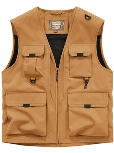 Men Outdoor Multi Pocket Workwear Vest Polyester V Neck Zipper Utility Waistcoat For Fishing Photography Travel Plus Size