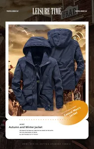 Detailed composite view of hooded casual jacket featuring multiple pockets and wool-blend fabric