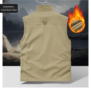 Detail of khaki outdoor utility vest featuring warm fleece lining and back hook detail