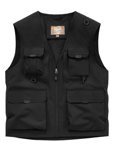Men's outdoor utility vest with multi-pocket design and zipper closure in black