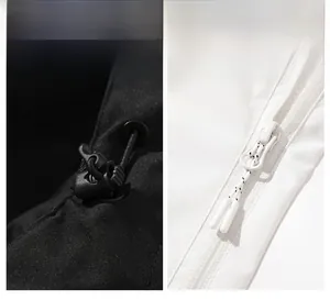 Detail of detachable hood design with black drawstring toggle and white zipper on jacket