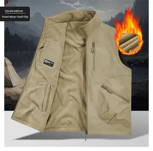 Detail of khaki outdoor fleece vest featuring windproof fabric and multi-pocket design