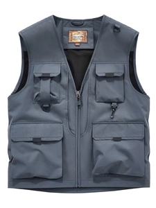 Outdoor multi-pocket utility vest with zipper closure and D-ring in front view
