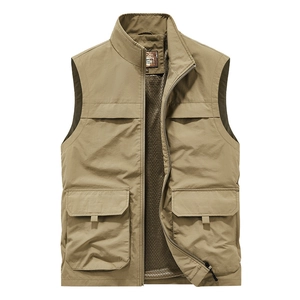 Men's khaki multi-pocket outdoor vest with stand collar and mesh lining for fishing