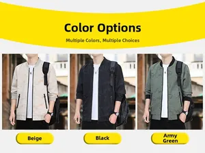 Three colors of men's casual camo jackets: beige, black and army green in one display