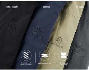 Close-up of durable outdoor jackets in four colors featuring high-quality embroidery