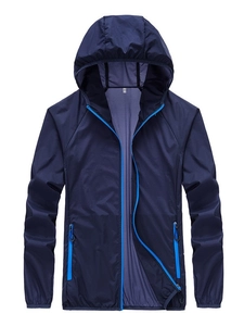 Men's ice silk sun protection hoodie in navy blue with blue zipper and windproof fabric