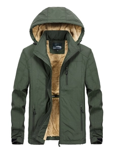 Men's winter thick fleece-lined hooded parka in army green with windproof fabric