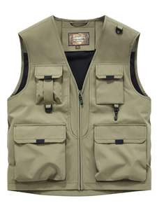 Olive green multi-pocket outdoor cargo vest with zipper and breathable mesh lining
