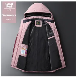 Detail view of coral red hooded jacket featuring thick black fleece lining and interior tags