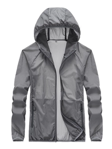 Mens dark grey lightweight hooded sun protection jacket with water-resistant fabric