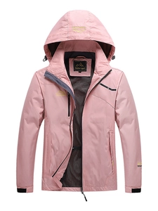 Pink waterproof outdoor mountain jacket for women with yellow logo and mesh lining