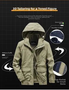 Detail of outdoor jacket showing detachable hood, velcro cuffs and multi-pocket design