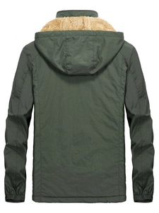 Men's olive green winter hooded jacket with warm sherpa fleece lining and ribbed cuffs