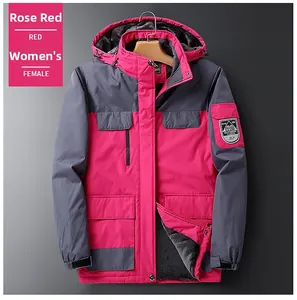 Detail of women's rose red outdoor jacket featuring fleece lining and contrast stitching