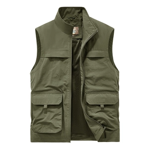 Men's outdoor utility vest in army green with multiple pockets and breathable mesh lining