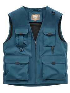 Multi-pocket dark blue outdoor utility vest with zipper closure and D-ring detail