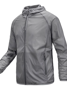 Grey men's hooded sun protection jacket made of lightweight ice silk anti-UV fabric