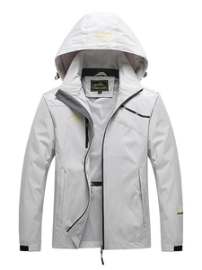 Light grey outdoor hooded sports jacket with adjustable drawstring and windproof fabric