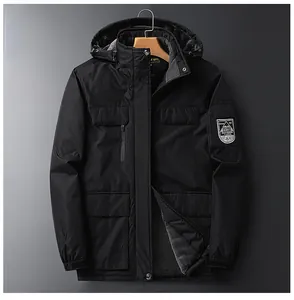 Detail of black winter outdoor jacket featuring sleeve badge and warm fleece lining
