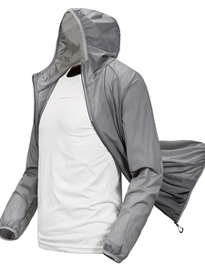 Men's lightweight ice silk sun protection hoodie in light grey for outdoor activities