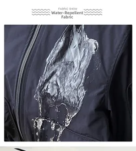 Detail of water-repellent navy blue outdoor jacket fabric showing high-density material
