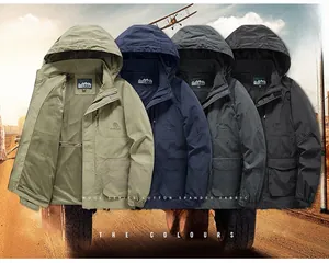 Detail view showing four colors of men's windproof hooded jackets with mesh lining