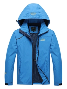 Sky blue outdoor waterproof jacket for men with adjustable hood and breathable mesh lining