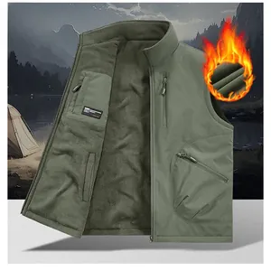 Detail of army green outdoor fleece vest featuring full zipper and warm inner lining