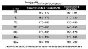 Tableau des tailles pour veste business homme avec guide de poids et taille de M à 5XL