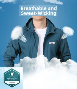 Detail of teal outdoor jacket with waterproof, breathable, and sweat-wicking fabric features