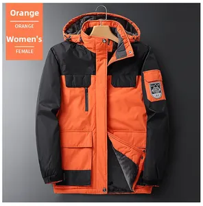 Detail of orange and black hooded jacket featuring adjustable hood and warm fleece lining