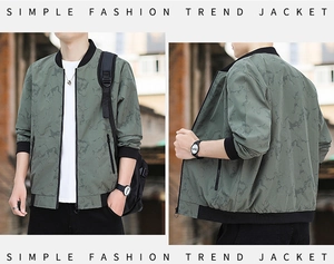Front and back views of a gray-green camo bomber jacket with black ribbed collar and cuffs