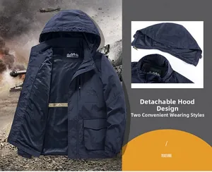 Detail of navy men outdoor jacket showing detachable hood and breathable mesh lining