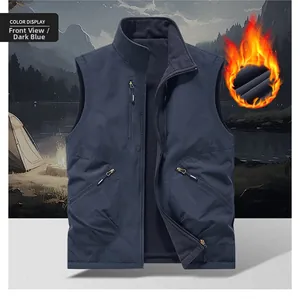 Detail of navy outdoor fleece vest featuring zipper pockets and warm lining detail