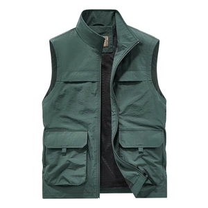 Men's outdoor dark green multi-pocket utility vest with stand collar and mesh lining